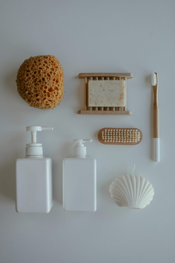 pexels photo 7303921 7303921 Top view of various eco-friendly personal hygiene items on a neutral backdrop.